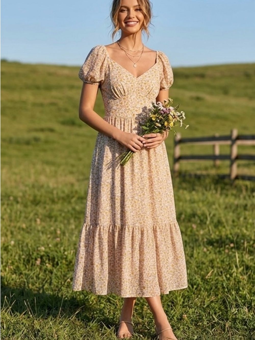 Mimi Chica Floral Puff Sleeve Maxi Dress in Blush, Cream, and Mustard
